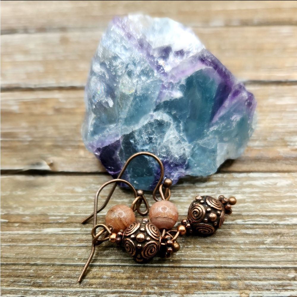 Rhodochrosite and Copper Drop Earrings